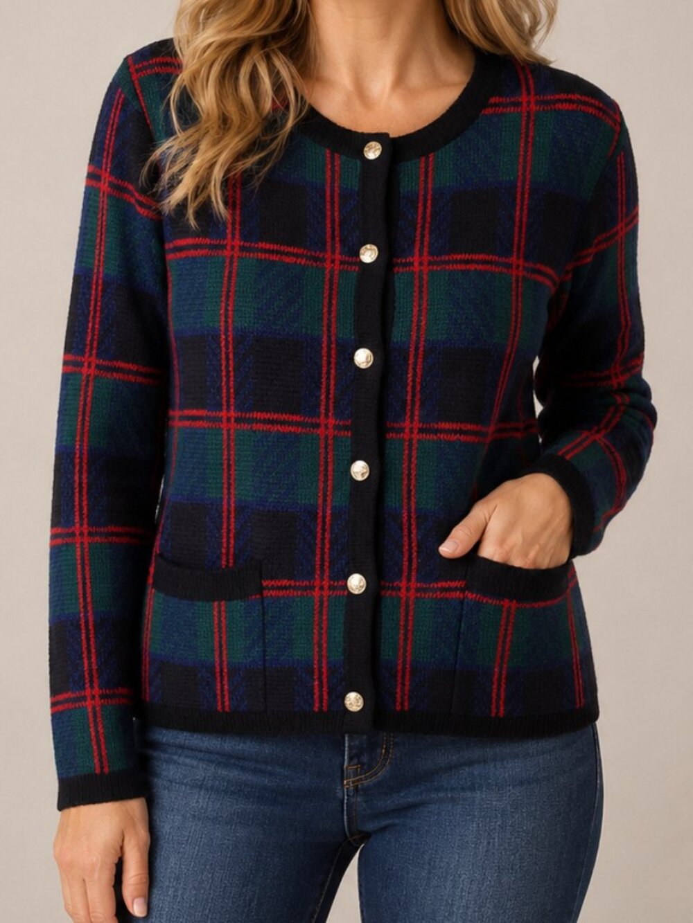 Vintage Womens 90's Holiday Plaid Cozy Knit Cardigan Sweater Christmas Winter XL